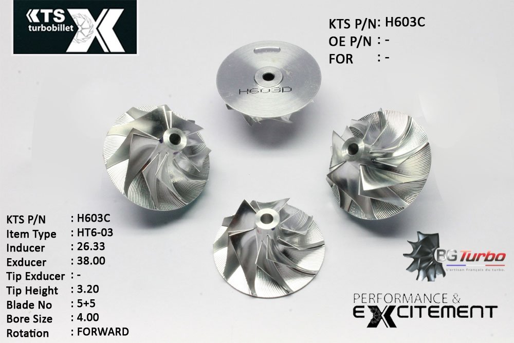 Turbo ROUE FORGÉE MFS PERFORMANCE - 5+5 PALES - INDUCER : 26,33 - EXDUCER : 38 - TYPE : HT6-03ANGLE : 75-90° - ROTATION : Forward - SUPER BACK : 0,4 - BORE SIZE : 4
